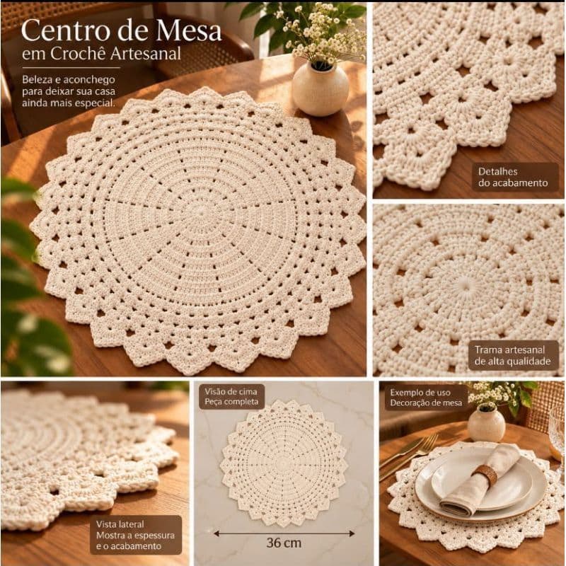 Sousplat De Crochê Artesanal Para Mesa Posta Em Barbante E Algodão Com Estilo Retro E Clássico