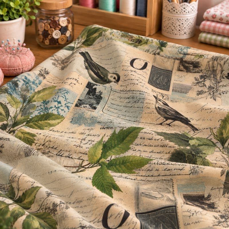 Tecido Tricoline Vintage Pássaros Folhagens e Escritas 100% Algodão para Patchwork e Artesanato