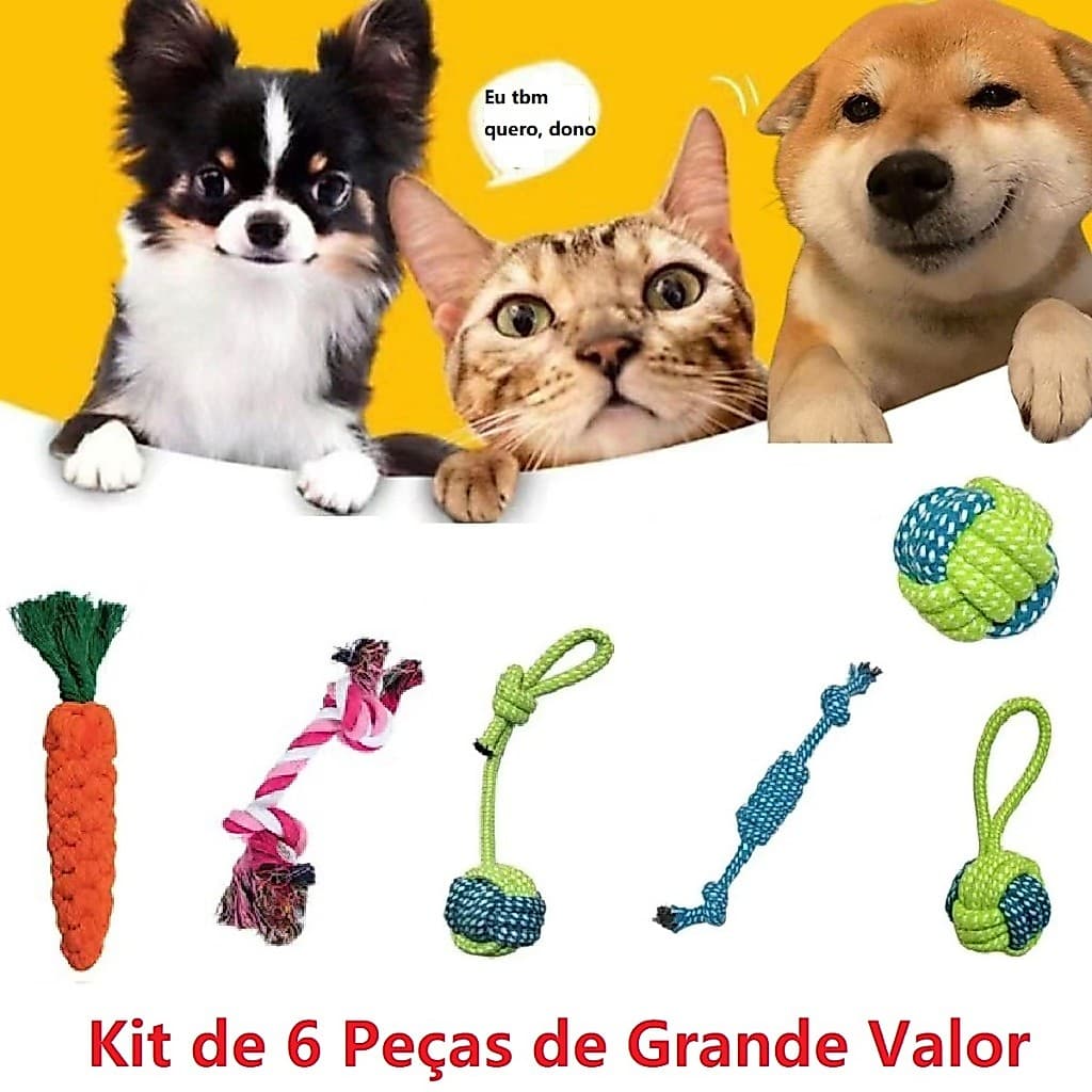 Kit 6 Brinquedos para Cães Mastigável e Resistente Mordedor para Filhote e Adulto Presente Pet
