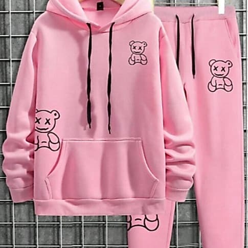 Conjunto Moletom + Calça Moletom Bolsos Capuz Urso Smile Streetwear Algodão Confortavel Casual