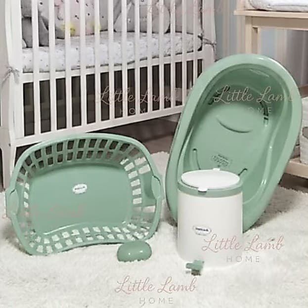Kit Banho Bebê 4 Peças – Banheira 22L c/ Válvula + Cesto 25L + Lixeira 8L + Saboneteira