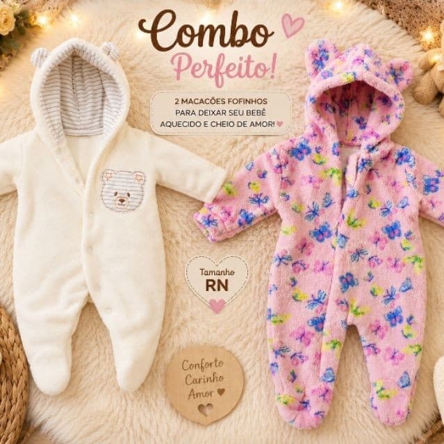 Combo Kit Especial Macacão Soft De Bebê Com Botões e Zíper Enxoval Infantil Baby: 2 macacões para bebê tamanho RN e RN+