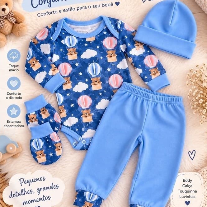 Kit Bebê Body Estampado Manga Longa, Calça com Pezinho Aberto, Touquinha, Luvinha e Fralda Personalizada