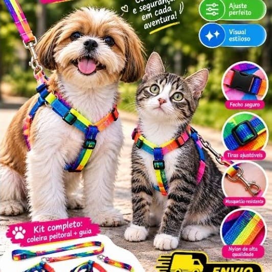 coleira para cachorro e gato com guia peitoral ajustável , colorida para passeio pet