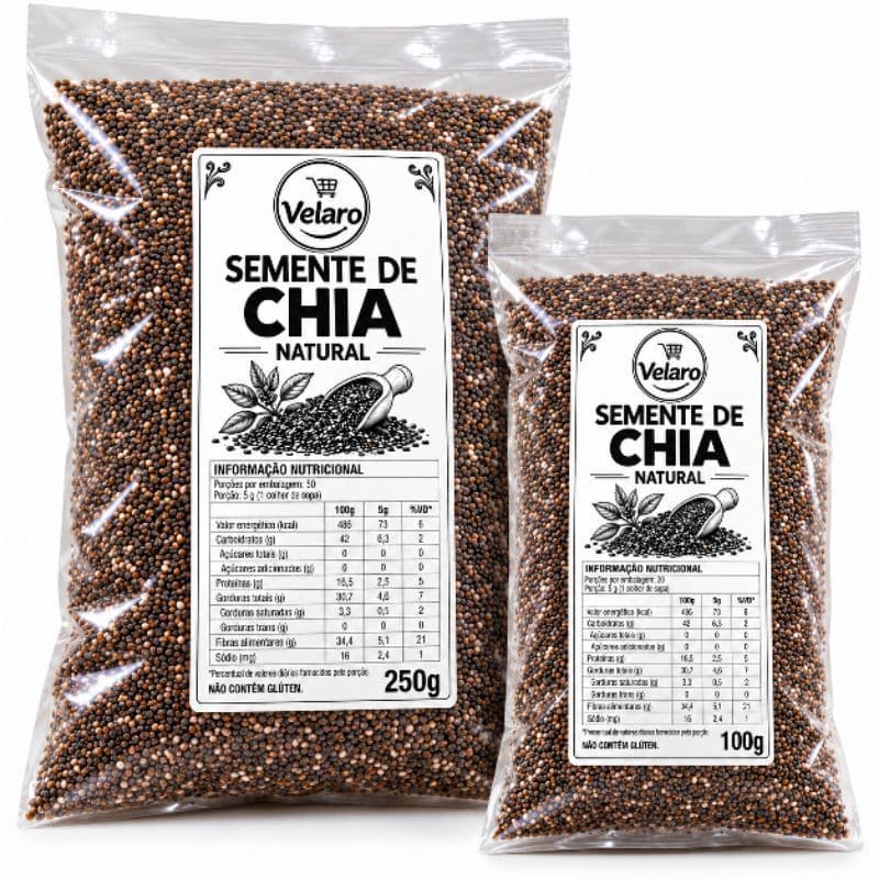 Semente de Chia Natural 100g e 250g Grãos Inteiros Sem Glúten Vegana Rica em Fibras Ômega 3 Alimentação Saudável