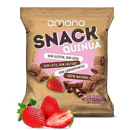 Snack de Quinoa Chocolate Recheio Morango Sem Glúten Sem Lactose Vegano Amana 40g Apto Celíacos Lanche Fit Saudável