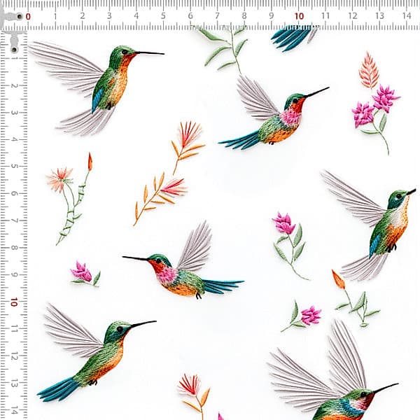 Tecido Tricoline Digital Estampado 3D Beija-Flores e Ramos Patchwork Costura Ateliê Pano Artesanato