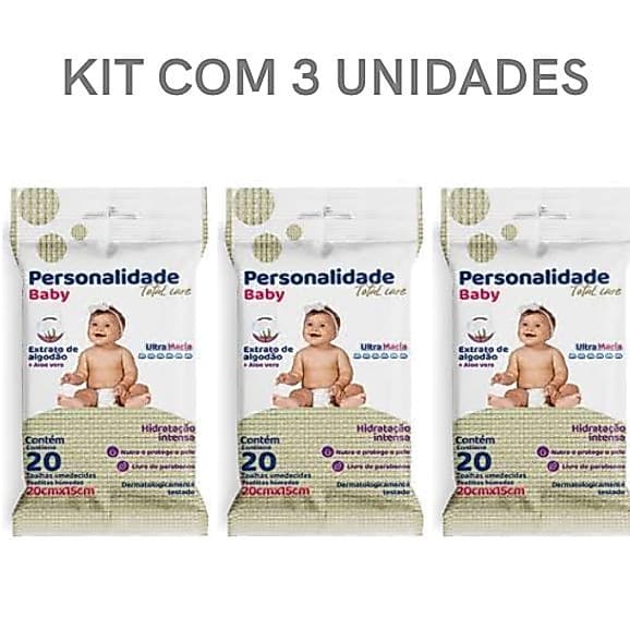 Kit 60 Lenços Umedecidos Personalidade Baby Pochet - 3 Pacotes de 20 Un