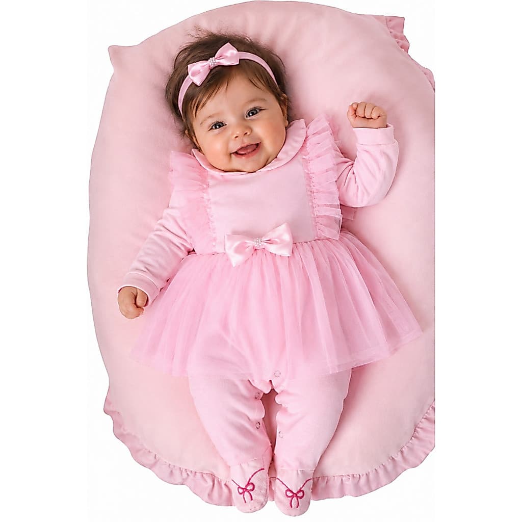 Saída Maternidade Menina Bailarina 04 peças Roupa de Bebê Menina Voal Rosa