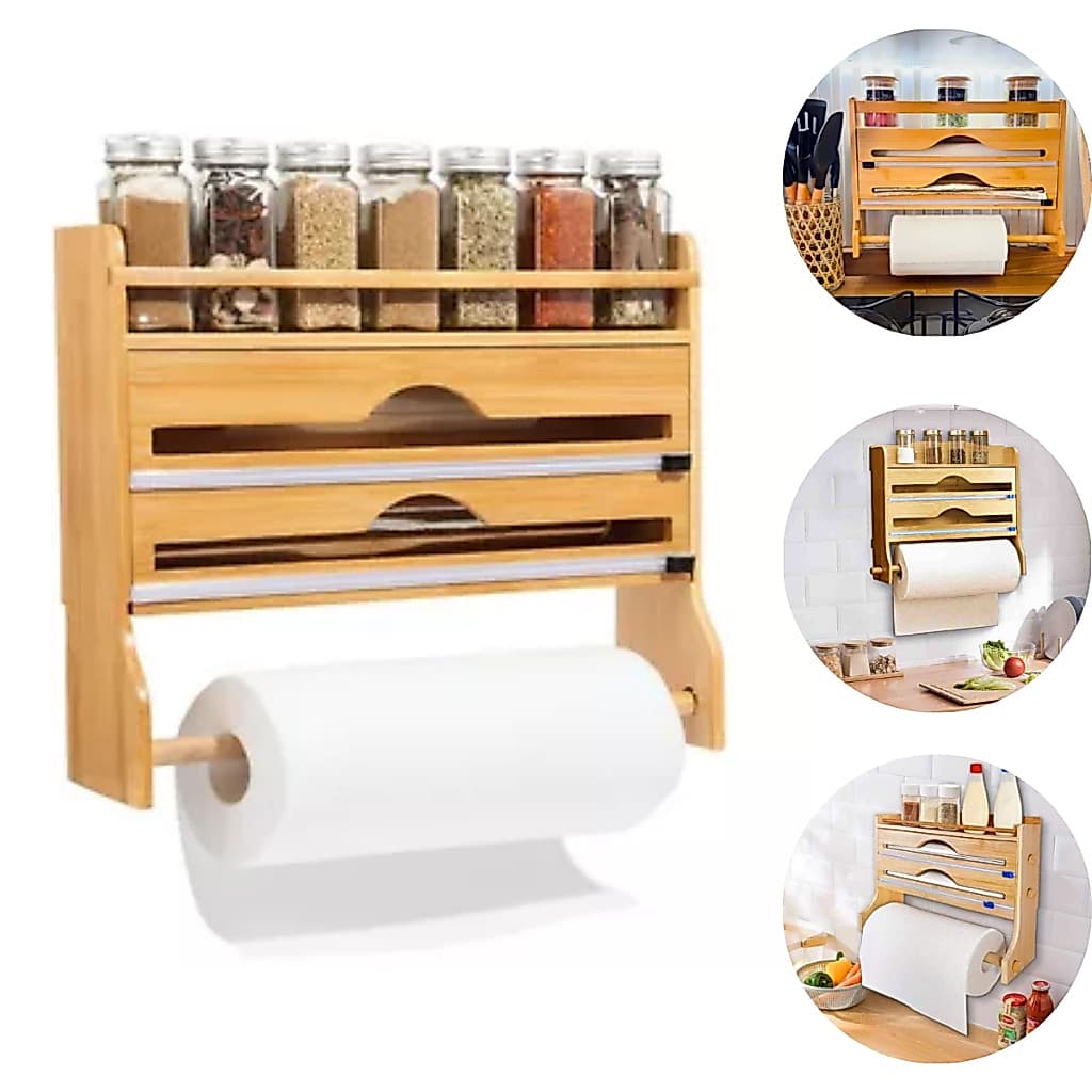 Organizador Parede Prateleira Suporte Porta Papel Toalha Aluminio 2 Compartimentos Bambu Cozinha