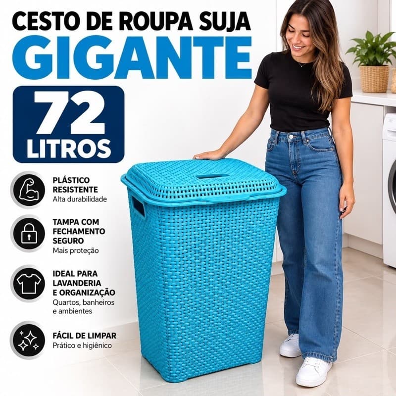 Cesto de Roupa Suja 72 Litros Grande com Tampa Organizador Lavanderia Banheiro Plástico Resistente