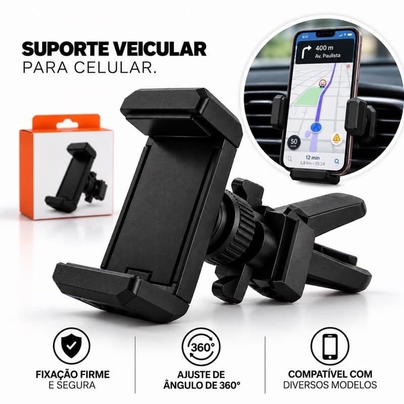 Suporte Celular de Carro Entrada Ar Universal Fixação Firme Ajuste Angulo Compatível com Smartphones