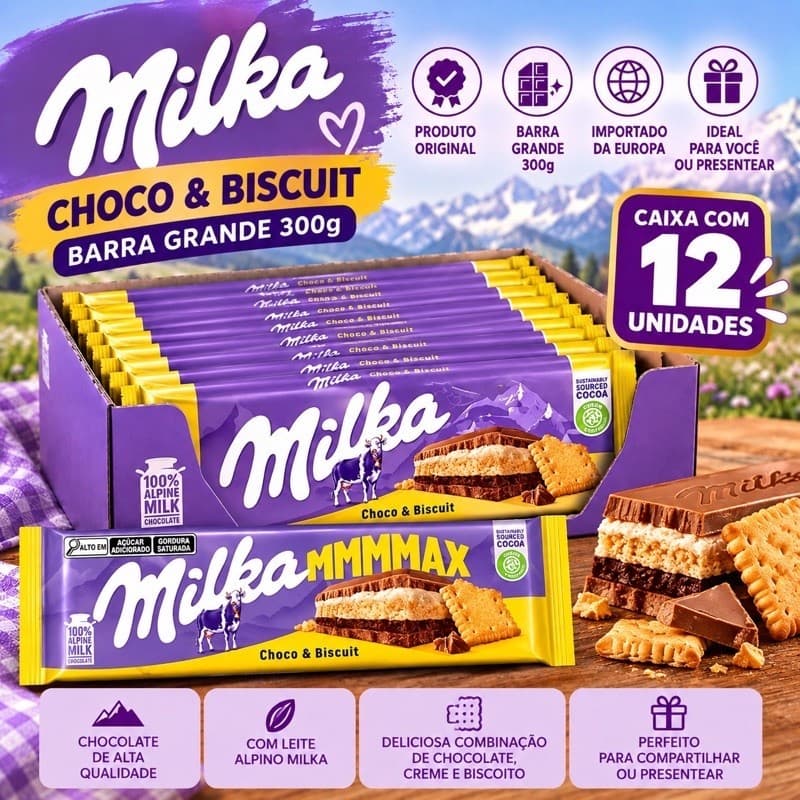 12x Milka MMMAX 300g Caixa com 12 Barras Choco & Biscuit | Barra Grande | Caixa Fechada | Produto Importado