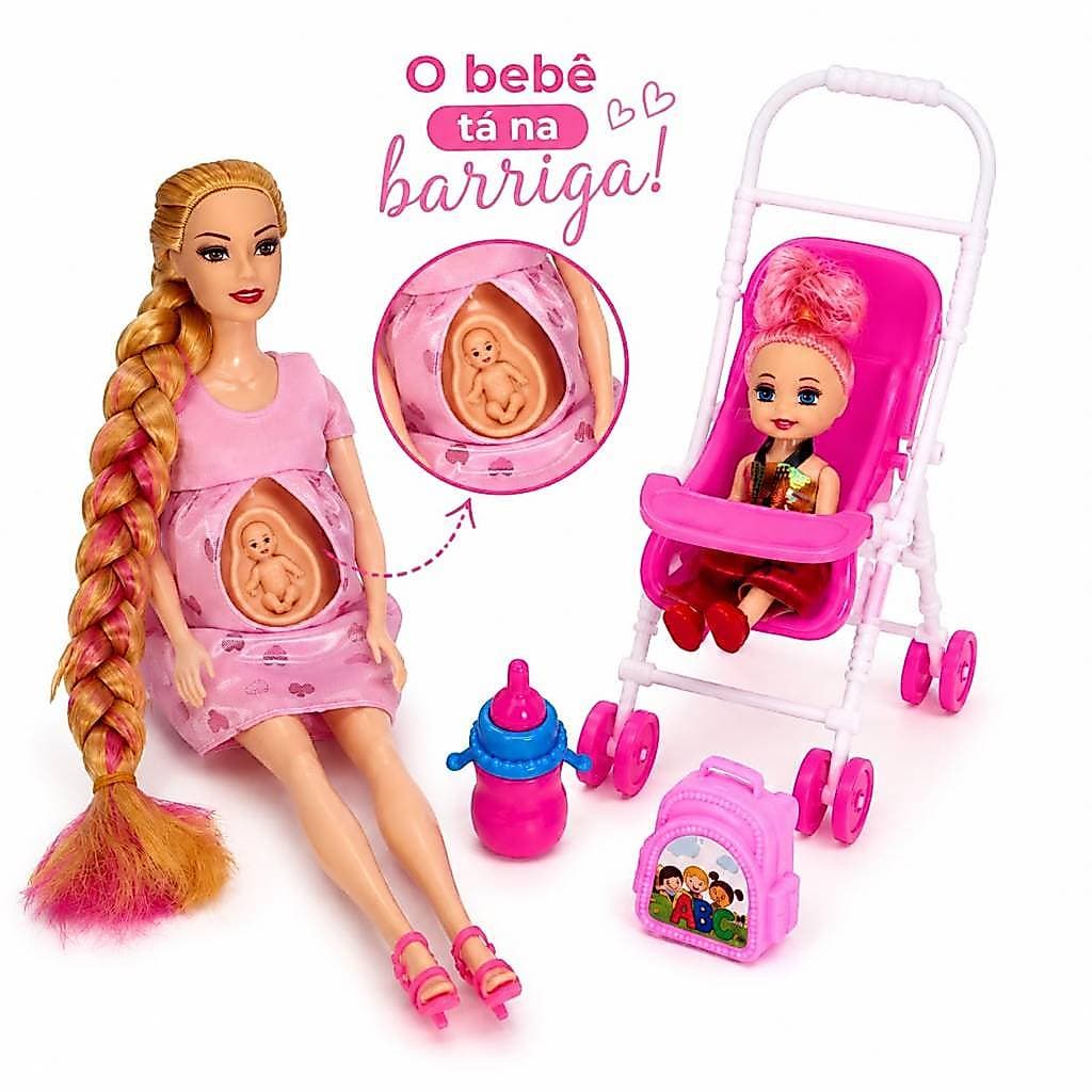 Boneca Grávida com Bebê na Barriga Carrinho e Acessórios Infantil