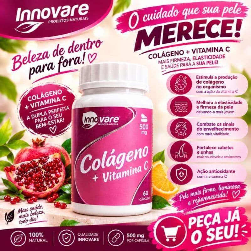 Colágeno + Vitamina C 500mg 60 Cápsulas | Suplemento Alimentar Innovare