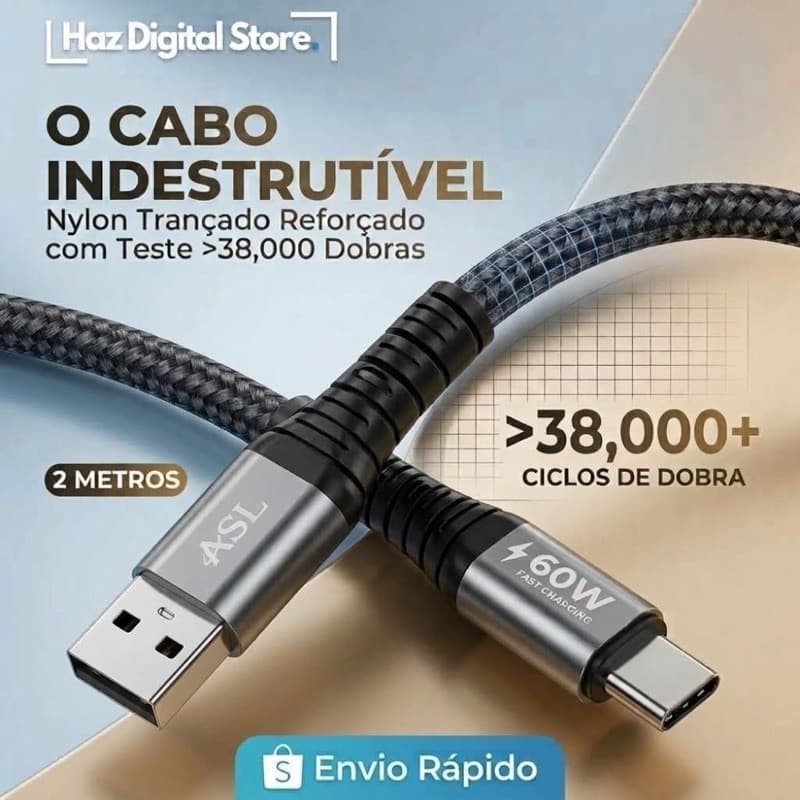 Cabo USB Tipo C Longo 2m Nylon Reforçado Carregador Celular Rápido 2.1A Resistente Android Samsung Xiaomi