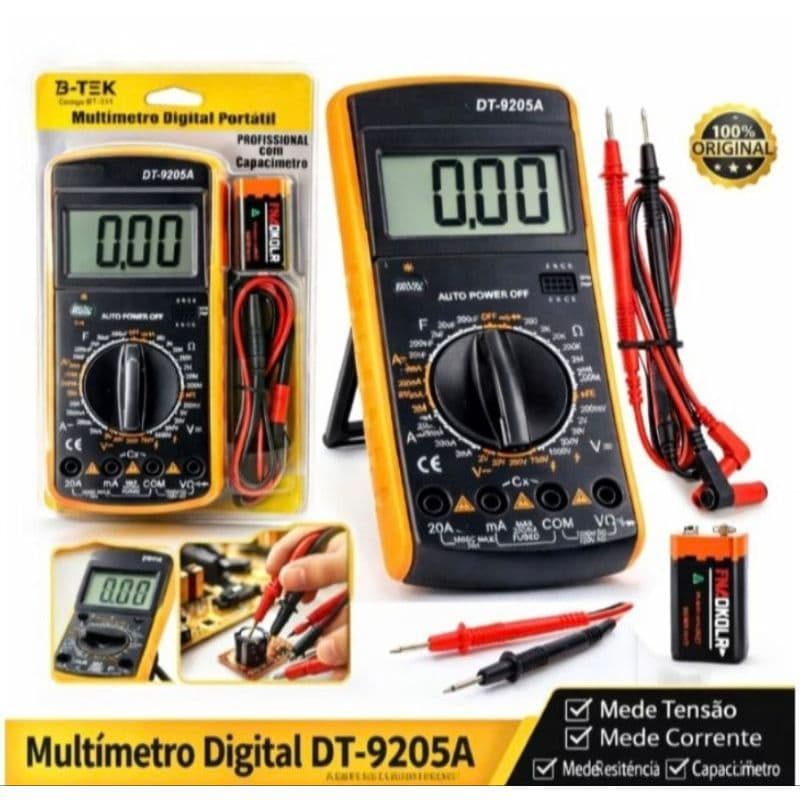 multímetro digital portátil DT-9205A é um instrumento para medições elétricas, normalmente usado em manutenção doméstica