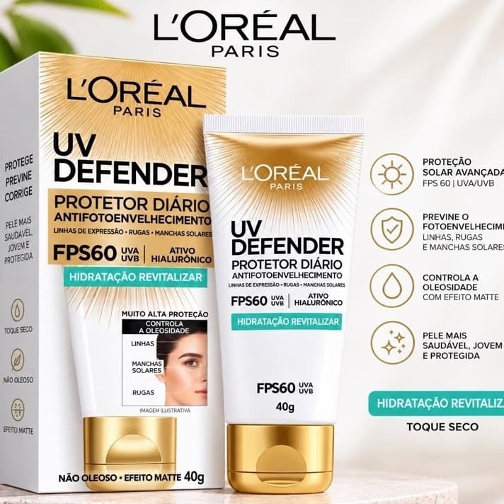 Protetor Solar Facial Protetor L'Oréal Paris UV Defender Hidratação Revitalizante FPS 60 40g