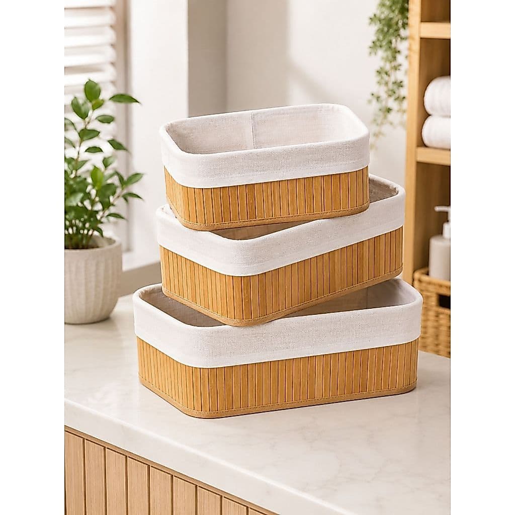 Kit 3 Cestos Organizadores Bambu Multiuso Organizador Banheiro Quarto Closet Casa