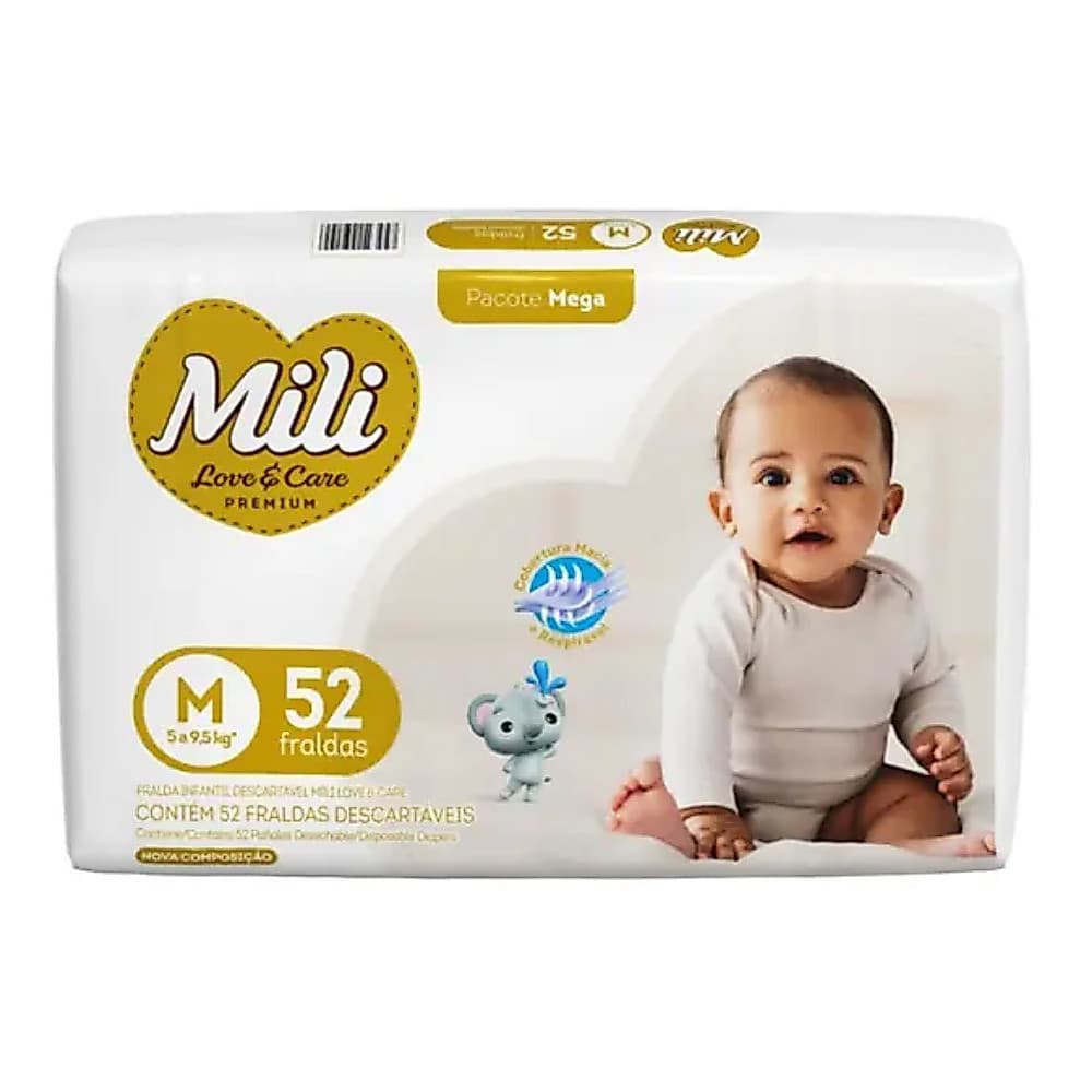 Fraldas Descartáveis Mili Love Care Mega c/ 52 unidades - Tam M - Fralda Bebê - Fralda M