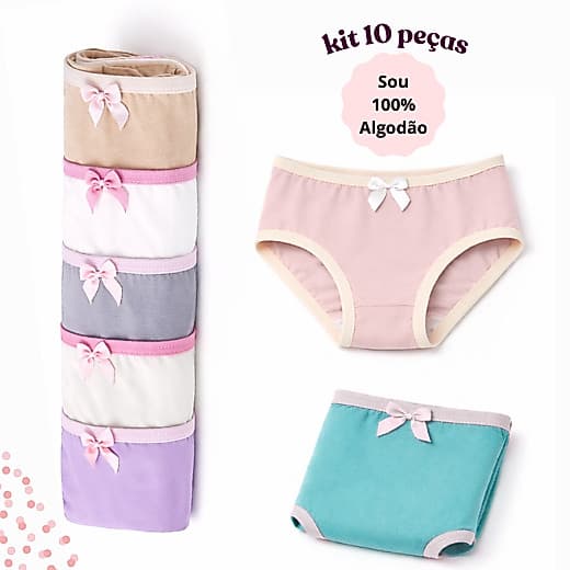 kit 10 Calcinhas Infantis Menina Algodão Confortável Lacinho Delicadas 2 a 10 Anos Tapa Fralda