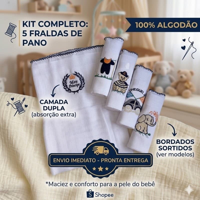Fralda de Pano para Bebê Bordada 5 Unidades Pano Duplo 100% Algodão Macia Enxoval