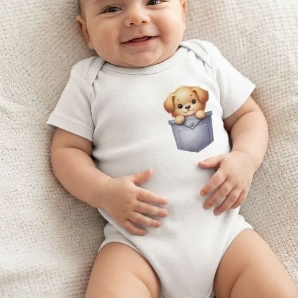Body Bebê Personalizado Cachorrinho Bolso Jeans Body Infantil Menino ou menina Cachorro Fofo Roupa Bebê Menino Body
