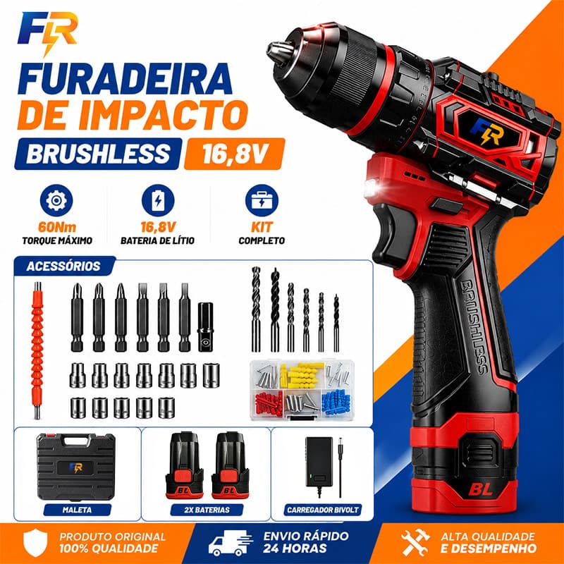 Parafusadeira Furadeira de Impacto Brushless 16,8V 60Nm Kit Completo com 2 Baterias e Maleta