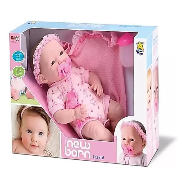 Boneca Bebê Diver New Born Faz Xixi Com Mamadeira Fralda e Chupeta Bebê Reborn Divertoys