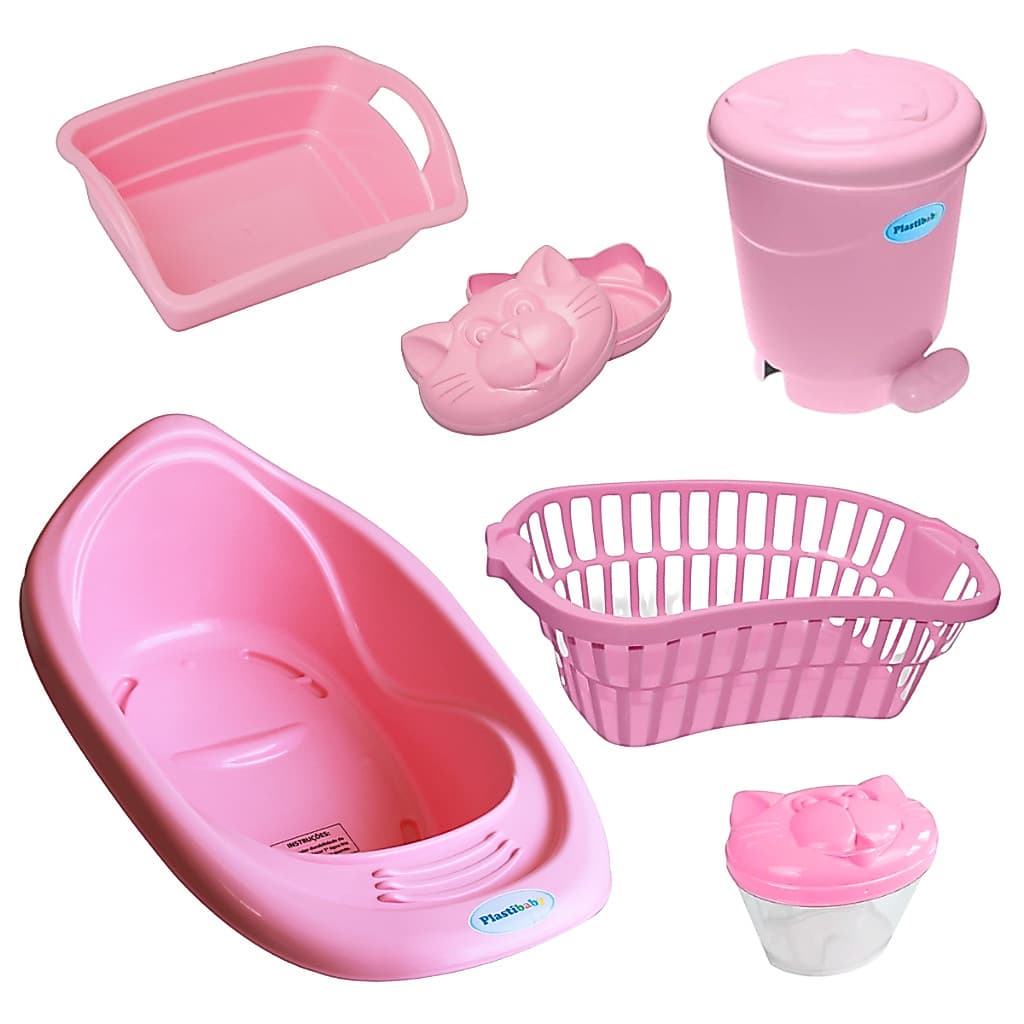 KIT BANHEIRA DE BEBE COM VÁLVULA DE ESCAPE ORGANIZADOR LIXEIRA + CESTO TELADO + SABONETEIRA + PORTA ALGODÃO - PlastiBaby