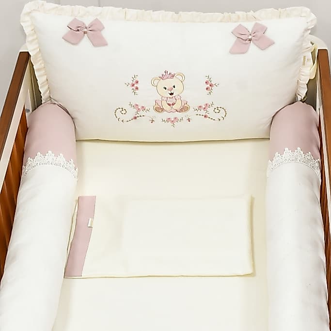 Kit Berço Americano Ursinha Princesa Luxo Linho 100% Algodão Menina Protetor Berço Enxoval de Bebê