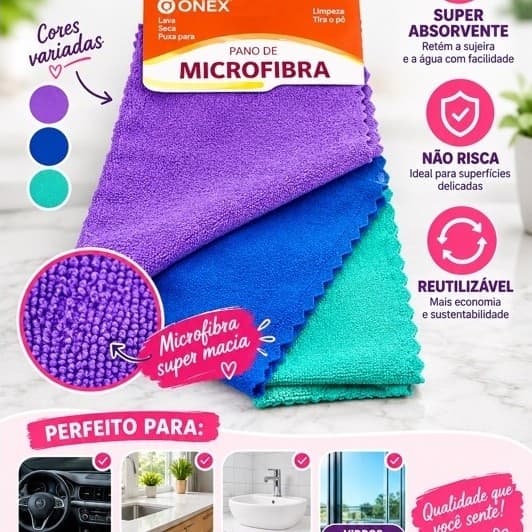KIT 3 PANOS MICROFIBRA  MULTIUSO SUPER ABSORVENTE  PARA SER USADO EM LIMPEZA DE CASA CARRO COZINHA BANHEIRO