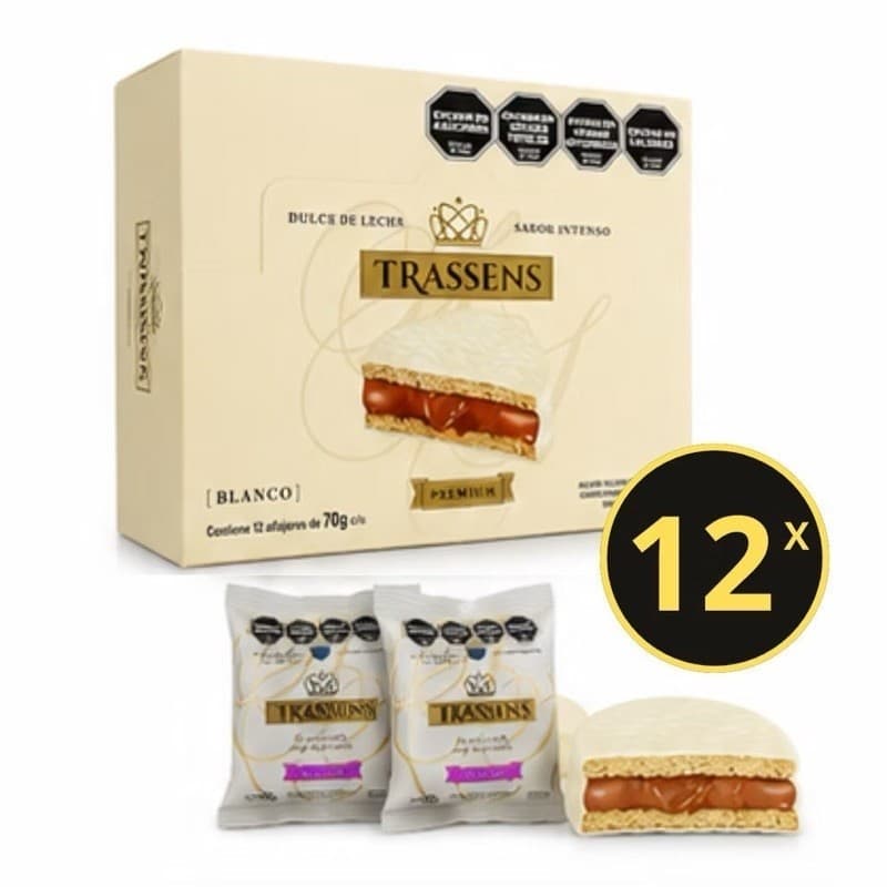 Alfajor Argentino Trassens 12 unidades, chocolate branco com doce de leite- Produto importado