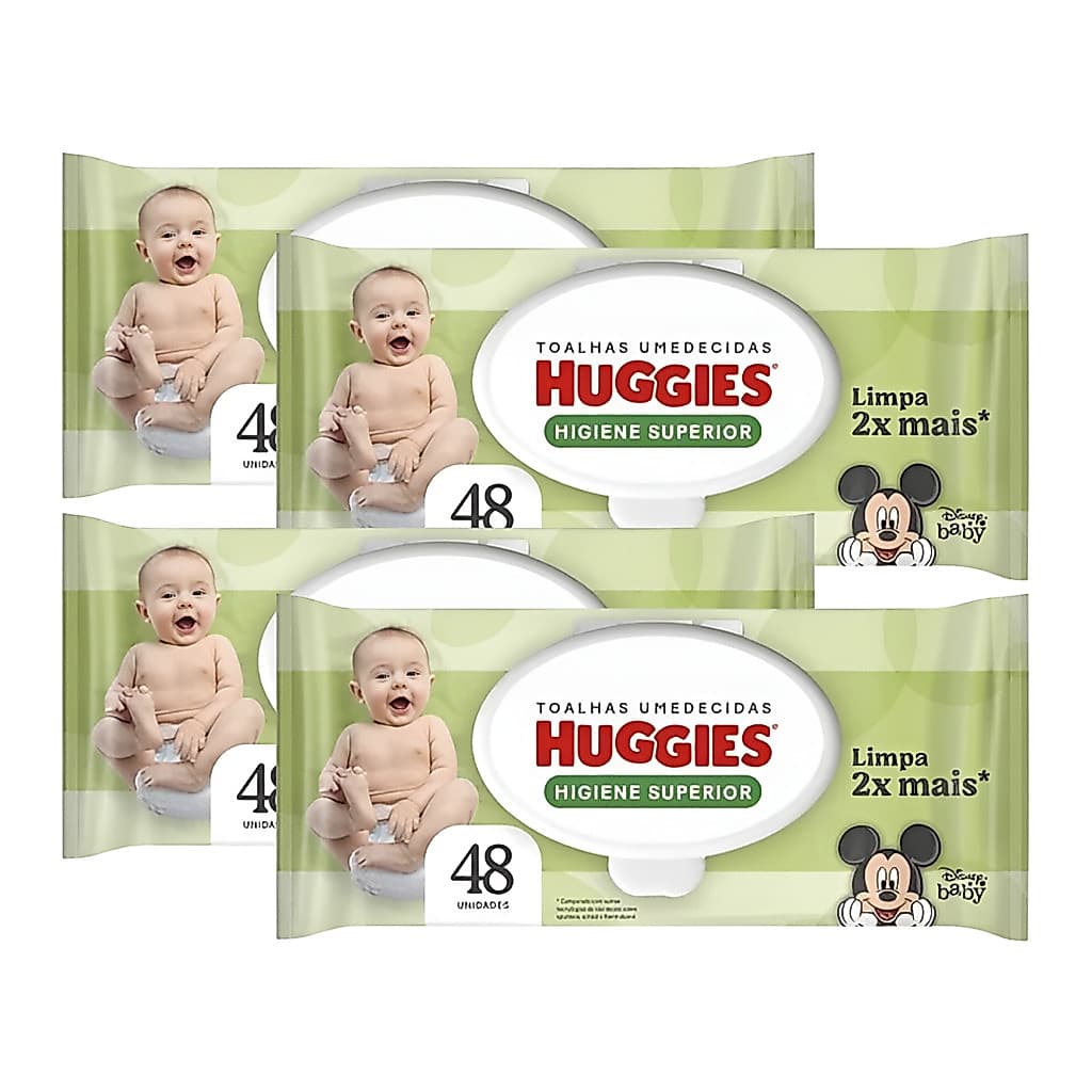 Kit c/4 Toalha Lenço Umedecida Huggies Higiene Superior Pacote 48un