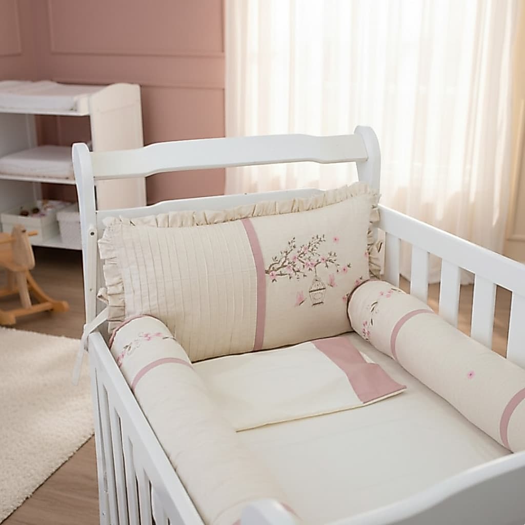 Kit berço americano Linho 5 peças Menina Enxoval de bebe completo Luxo Bebe protetor de berço