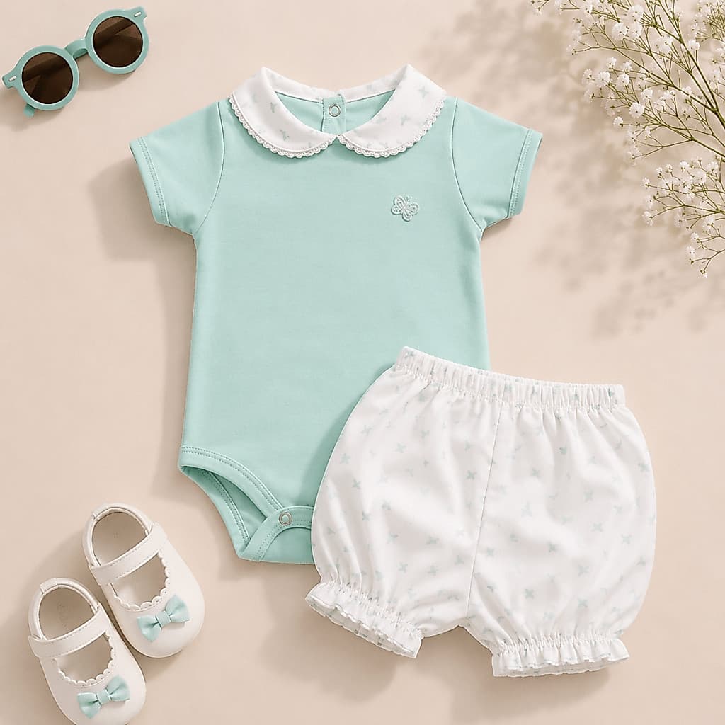 Conjunto Menina Body Algodão Fresco Gola Floral Estampa Variada Shorts Laço Roupa Bebê Infantil
