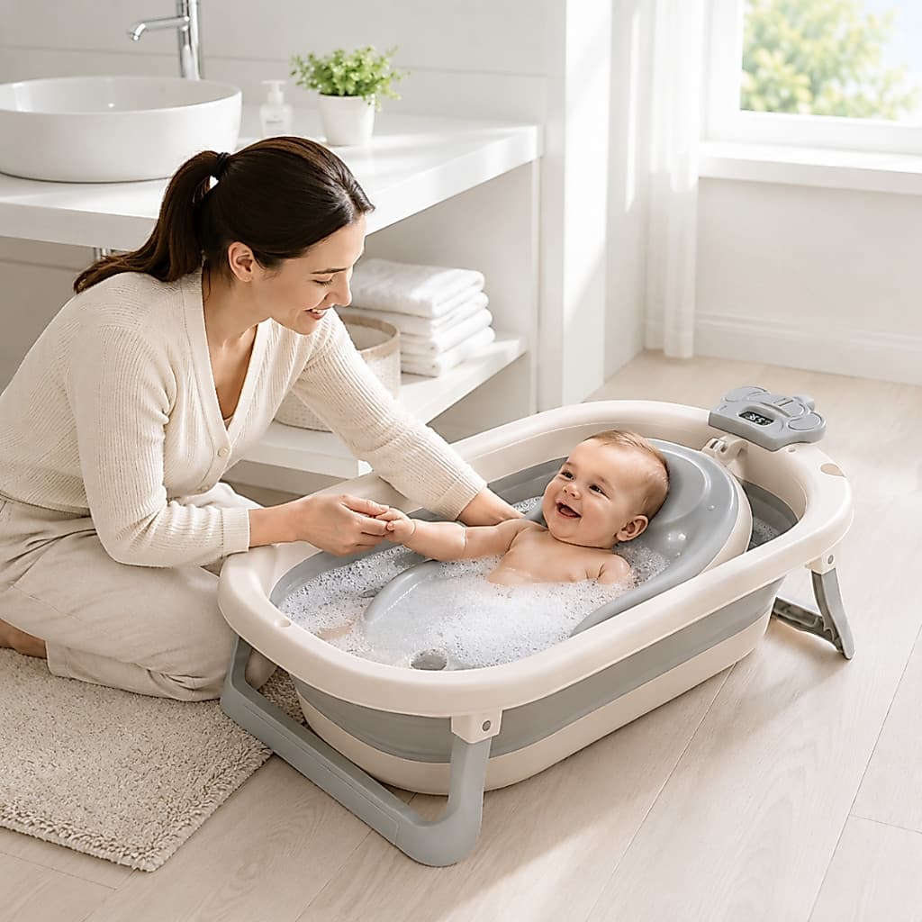 Banheira com Apoio Para Bebê Dobrável Com Termômetro Digital E Dreno Conforto para o Bebe