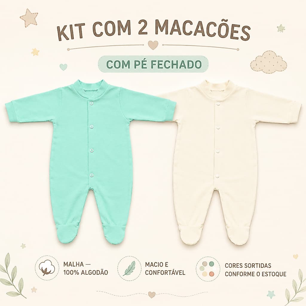 Kit Enxoval 2 Macacões Bebê Recem Nascido Infantil Pé Fechado 100% Algodão Menino Menina