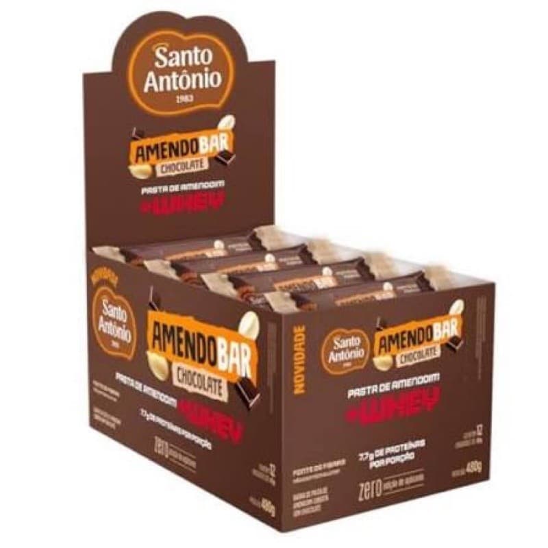 Amendobar com Chocolate e Whey Protein Display 480g 12 Unidades de 40g Santo Antônio Alimentos