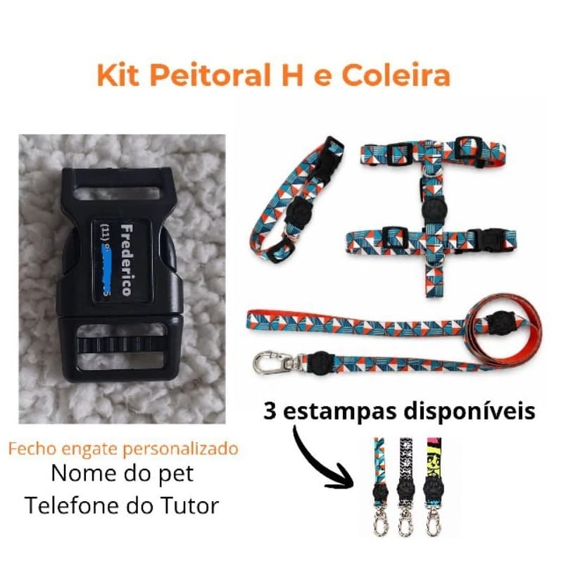 kit Passeio cachorro Coleira personalizada pet Guia para cães Peitoral H Identificação Pet