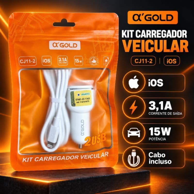 Kit Carregador Veicular A'Gold CJ11-2 para iPhone carregador de carro