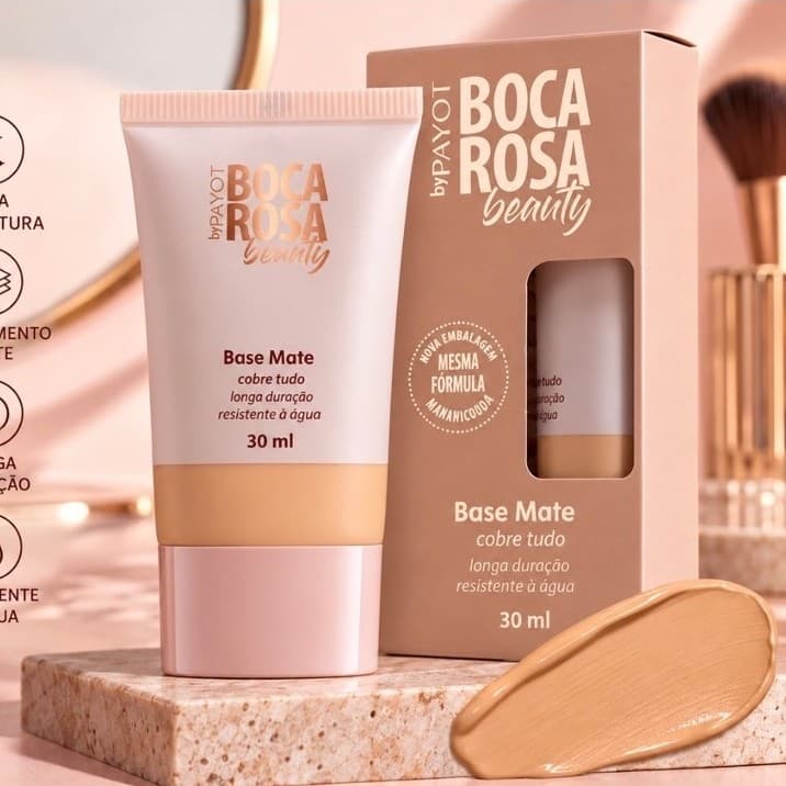 base Boca Rosa, base líquida facial, base Payot, base matte, base alta cobertura, maquiagem facial, base resistente àgua