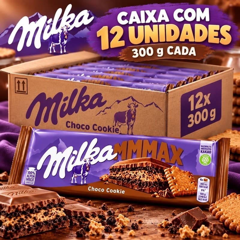 12x Milka MMMAX 300g Caixa com 12 Barras Cocho Cookie | Barra Grande | Caixa Fechada | Produto Importado
