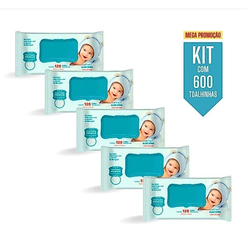 Kit Com 5 pacotes de Lenços Umedecidos Marigold Baby Premium 120 Un cada - AZUL EQ.1