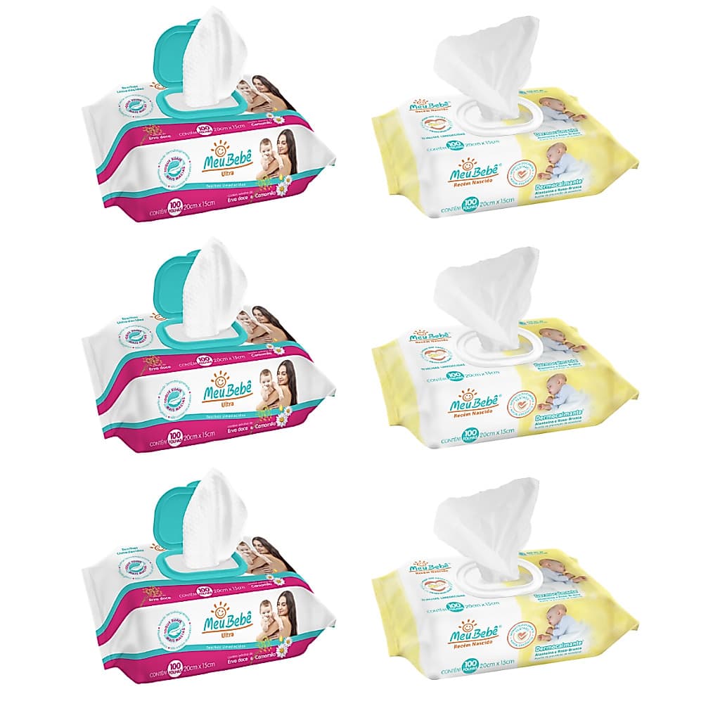Kit Misto 600 Folhas (6undX100fls) Toalha Umedecida Meu Bebê - Ultra e Recém Nascido