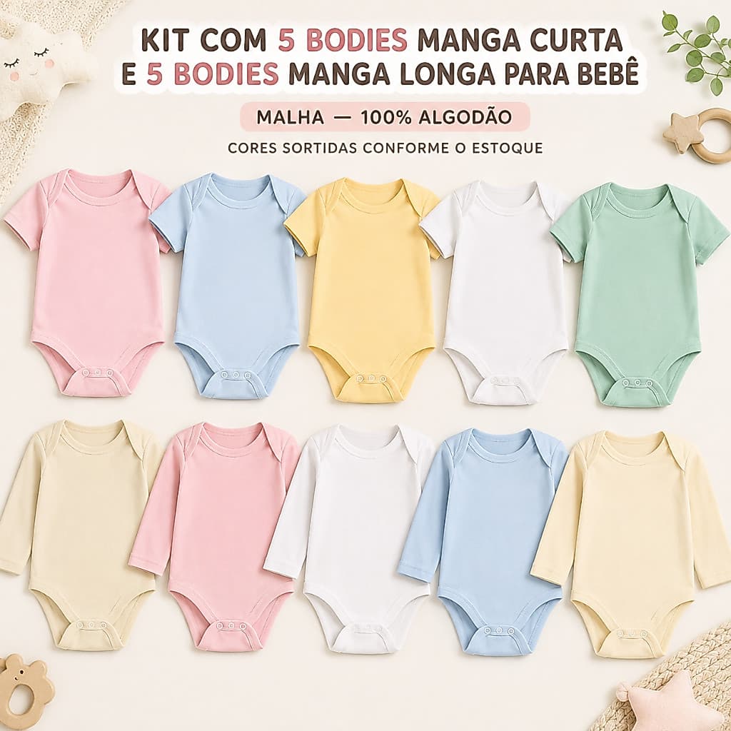 Kit Enxoval 10 Peças Bodies Bebê Infantil Manga Longa + Manga Curta Cores Lisas 100% Algodão Menino Menina