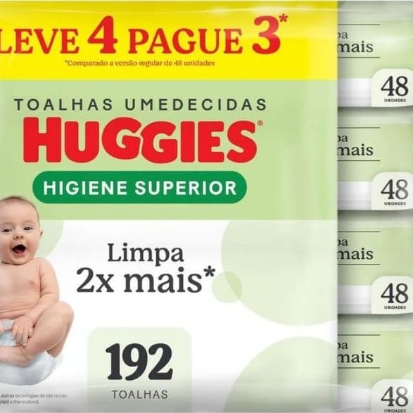 Kit Lenço Umedecido Huggies Higiene Superior Limpam 2x Mais 4 Pacotes com 48 Unidades