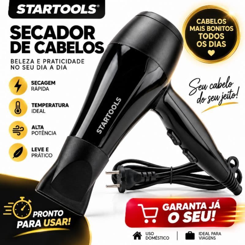 🔥 Promoção! Secador Cabelo Profissional BELL'ARIA STARTOOLS 1800W Salão/Casa Design Ergonômico 127V Jato Frio