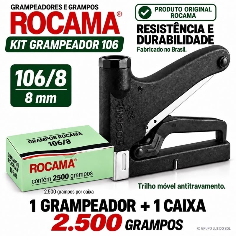 Grampeador Tapeceiro Rocama 106 Manual + Caixa 106/8 (2.500 Grampos) Kit Profissional
