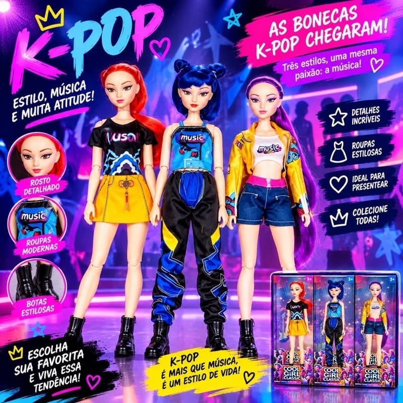 Bonecas Guerreiras do K-Pop Musical Articulada Zoey Mira Rumi 30 cm
